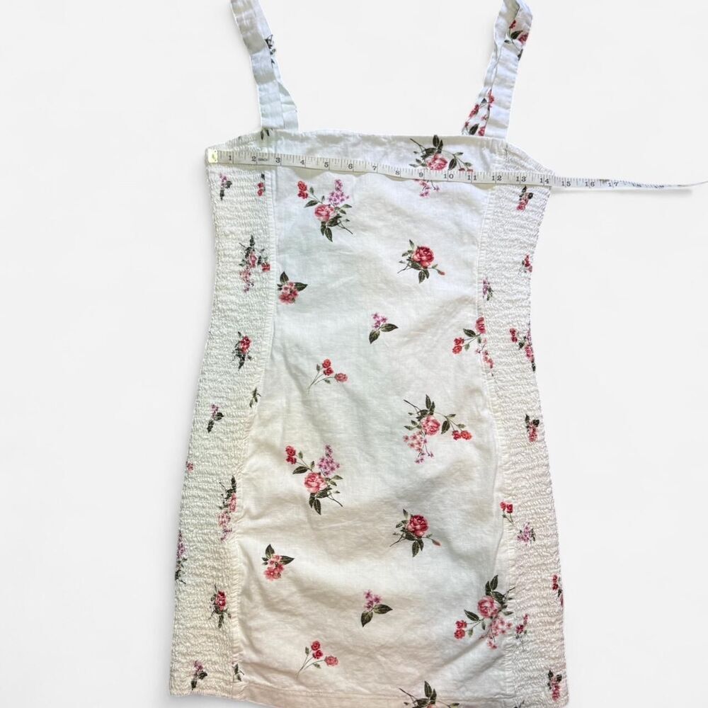 White Rose Pattern Floral Mini Dress with Adjustable Straps and Side Smocking - Picture 3 of 6